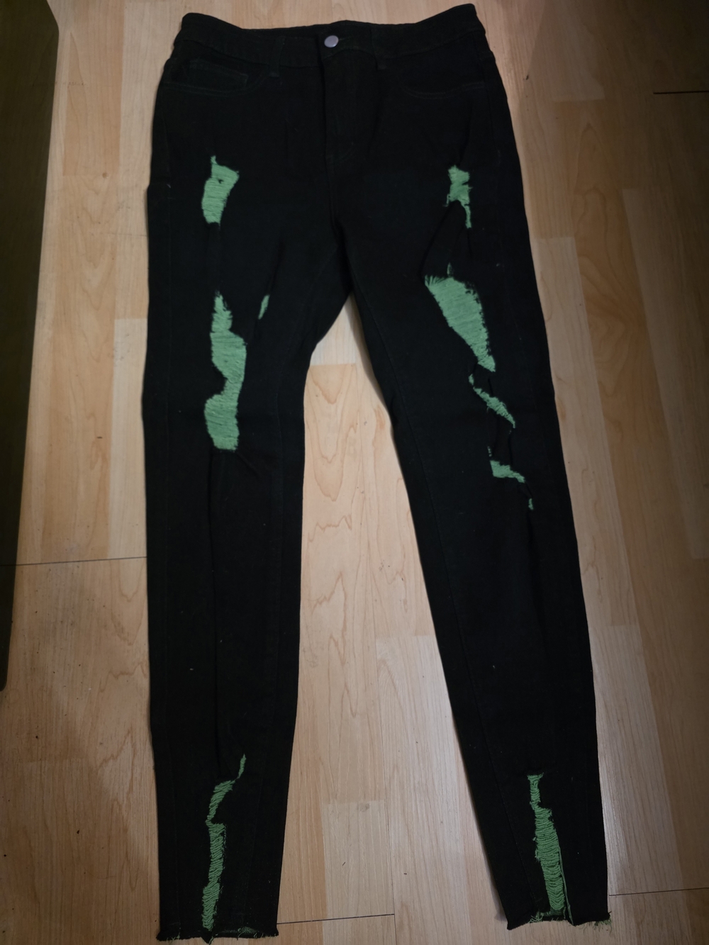Black Distressed Jeans with Green Underlay